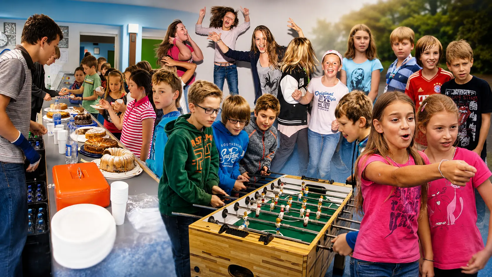 Schülerinnen und Schüler spielen Kicker und holen sich Snacks im BIB